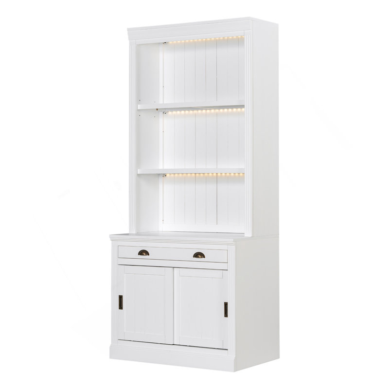 83.4"Tall Bookshelf With 3-Layer LED Lightings, Modern Bookcase With Sliding Doors And Open Shelves,Storage Bookshelf For Living Room,Home Office,White