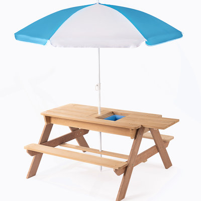 3-In-1 Kids Outdoor Wooden Picnic Table With Umbrella, Convertible Sand & Wate, Gray ASTM