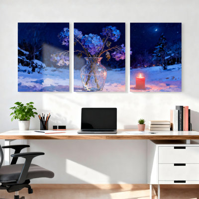 «Winter Night Scene with Hydrangeas and Candle», reproduction d'art sur toile tendue sur toile (ensemble de 3)