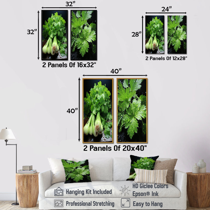 Herbes Cilantro Splash I - ensemble d'art mural sur toile Herbs, Cadre flottant brun, H 32 po x l 33 po