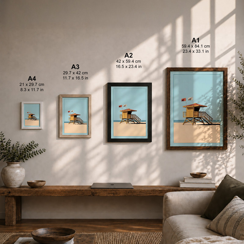 Lifeguard Tower Coastal - Framed Print, A2 - 59.4 x 42.0 cm, Black