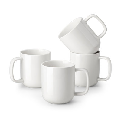 4-Piece White Ceramic Mug Set With Sculpted Curved Rim | 11 Oz Coffee Cups, Modern Contour Design
