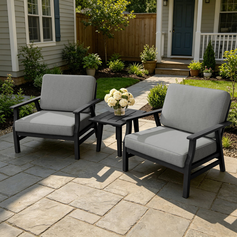 Shweta Solid Wood Outdoor Three Pieces Chair Conversation Seating Group With Cushions And Side Table, Gray, Black