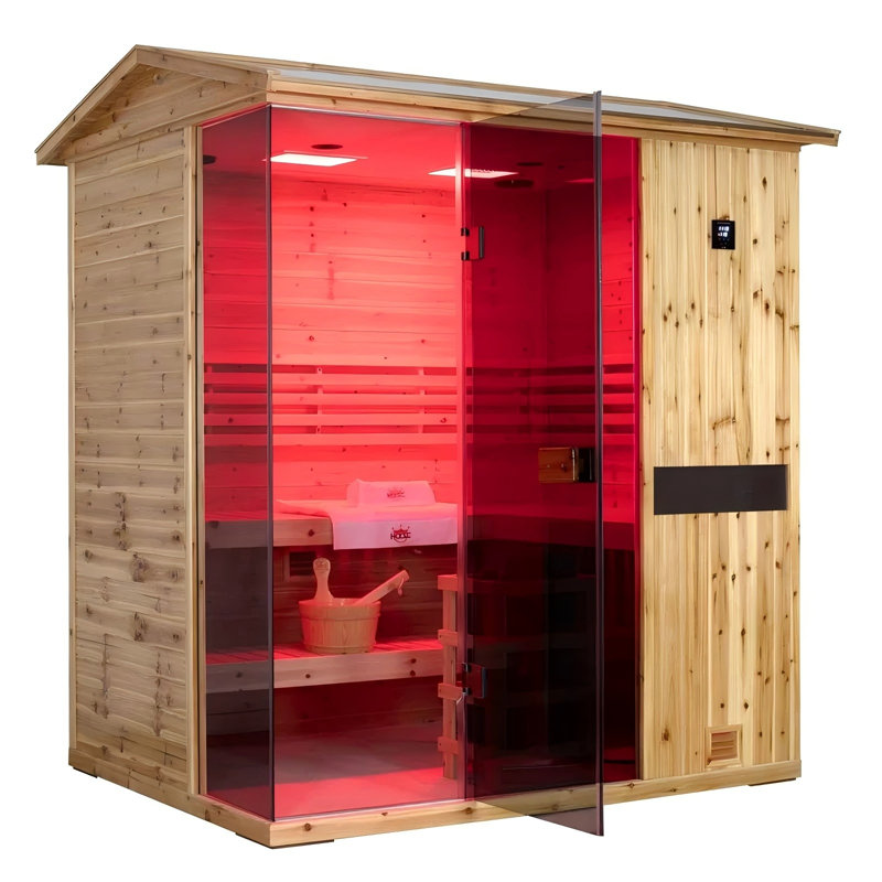Samsora Outdoor Traditional Steam Sauna for 4-Person, 3800W/240V, Mid-Infrared Lamp, 95℉-230℉, Old Fir Wood, Built-In Bluetooth Speaker, Includes Sauna Heater and Sauna Stone, Negative Ion Board
