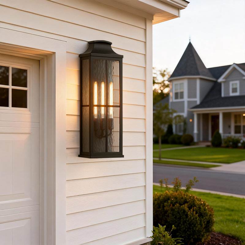 32” Matte Black Outdoor Wall Sconce With Ripple Glass, Hardwired Weatherproof Exterior Light, E26 Porch & Garage Lantern