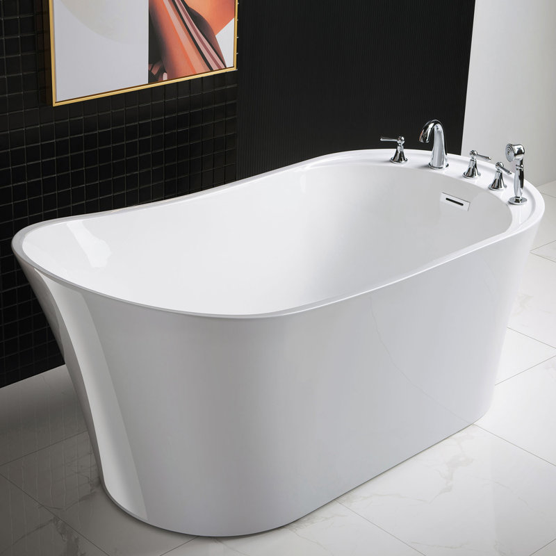 59" x 30" Freestanding Soaking Acrylic Reversible Drain Bathtub & Faucet Combo,Drilling Needed, Chrome