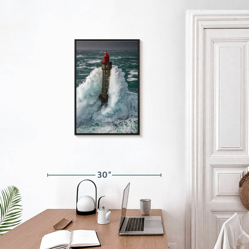 Tempête au phare de La Jument, Cadre flottant noir, 17 po x 25 po
