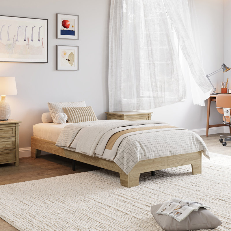 Structure de lit plateforme Nature, lit en bois avec lattes de bois solides, aucun sommier requis, Lit simple, Yellow