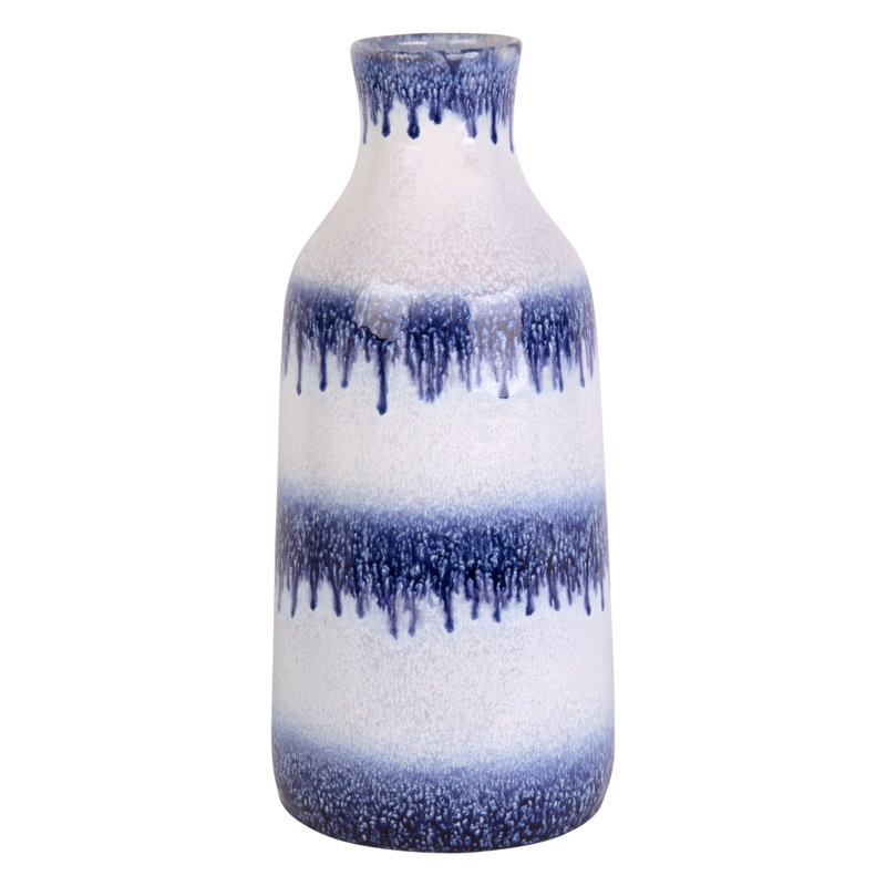 15" Striped Blue Vase – Tall Ceramic Centerpiece for Modern & Coastal Spaces