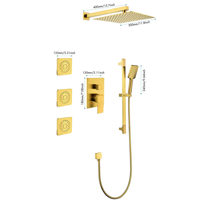 Système de douche avec pomme de douche, douchette à main et jets de corps en or brossé élégant, Brushed Gold