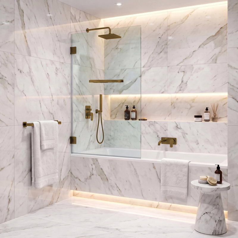 Porte de baignoire pivotante sans cadre Fines Fixtures 28 po x 58 po, laiton satiné, Laiton satiné