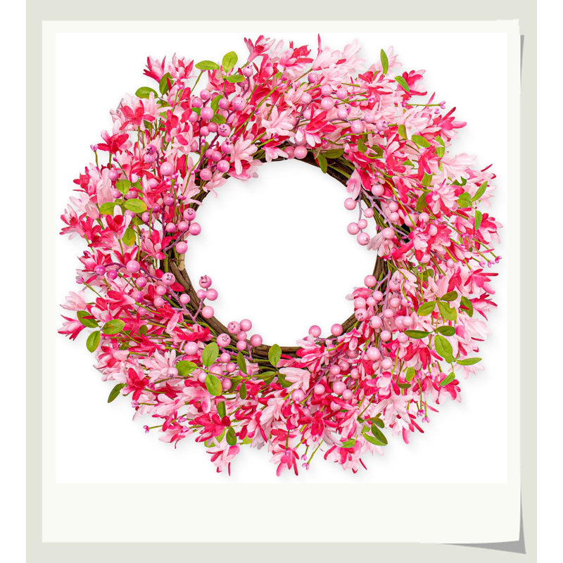 Couronne de vigne de la Saint-Valentin 22 po avec des baies de fleurs roses rouges, décor en plastique de soie durable, cadeau romantique pour sa décoration de fenêtre murale de porte d'entrée