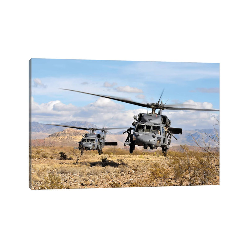 Two HH-60 Pave Hawk Helicopters Preparing to Land 1 Piece Wrapped Canvas Wall Art, 101.6 cm H x 66.04 cm W x 3.175 cm D