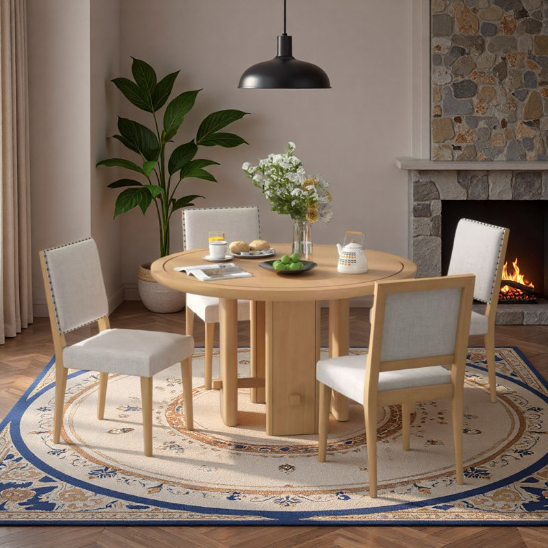Table de salle à manger 5 pièces avec 5 chaises rembourrées, Naturel