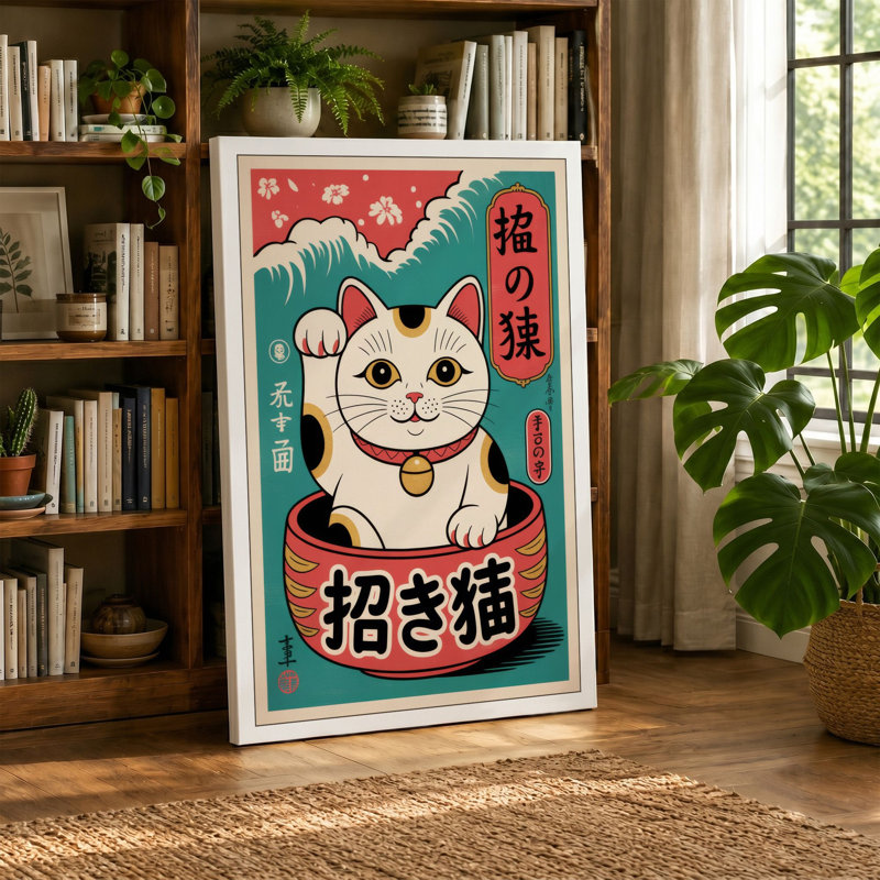 Beckoning Fortune Japandi - Wrapped Canvas, 18x12 - 45.7 x 30.5 cm, Taupe Border