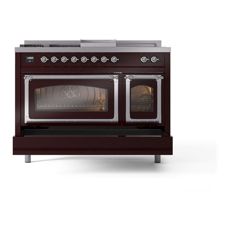 ILVE Nostalgie II Noblesse 48 inch Dual Fuel Range (5 Sealed Burners + Griddle + French Top, Triple Glass Door), Chrome