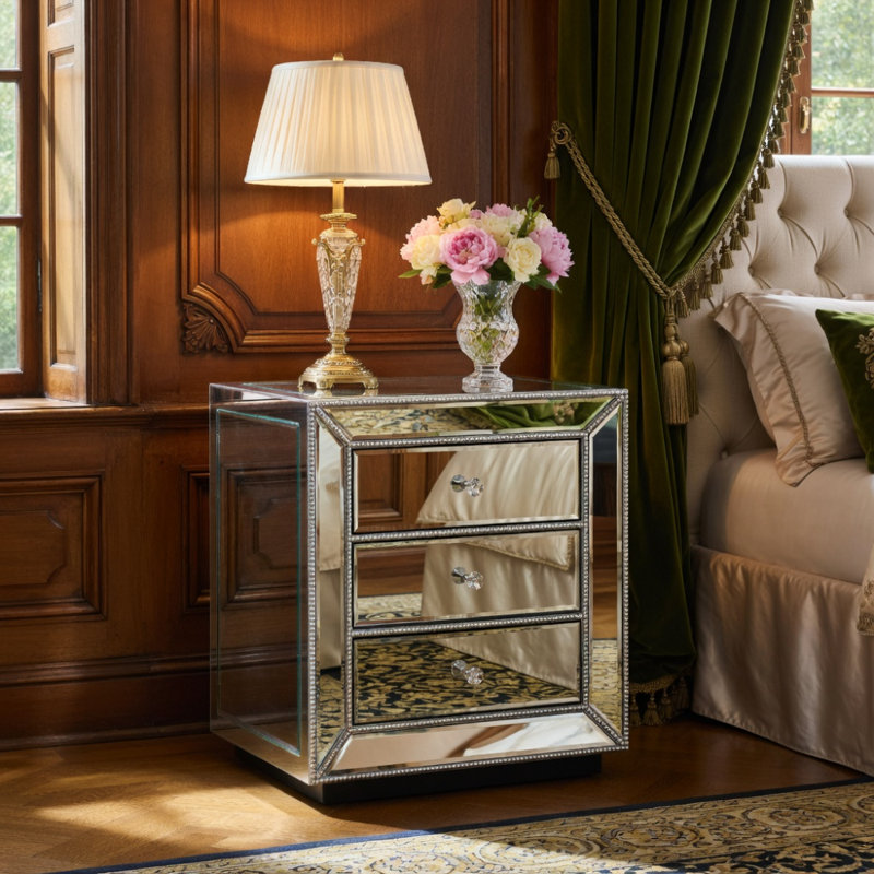 Armoire à trois tiroirs avec finition miroir en perles