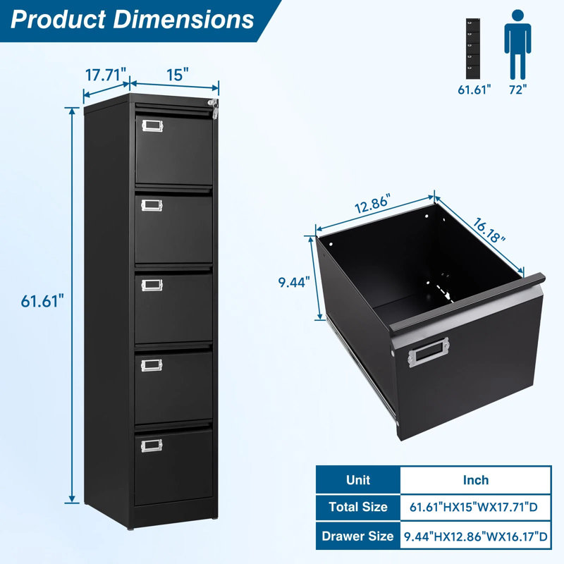 Jacqelyn 15'' Wide 5 -Drawer Steel File Cabinet, Black