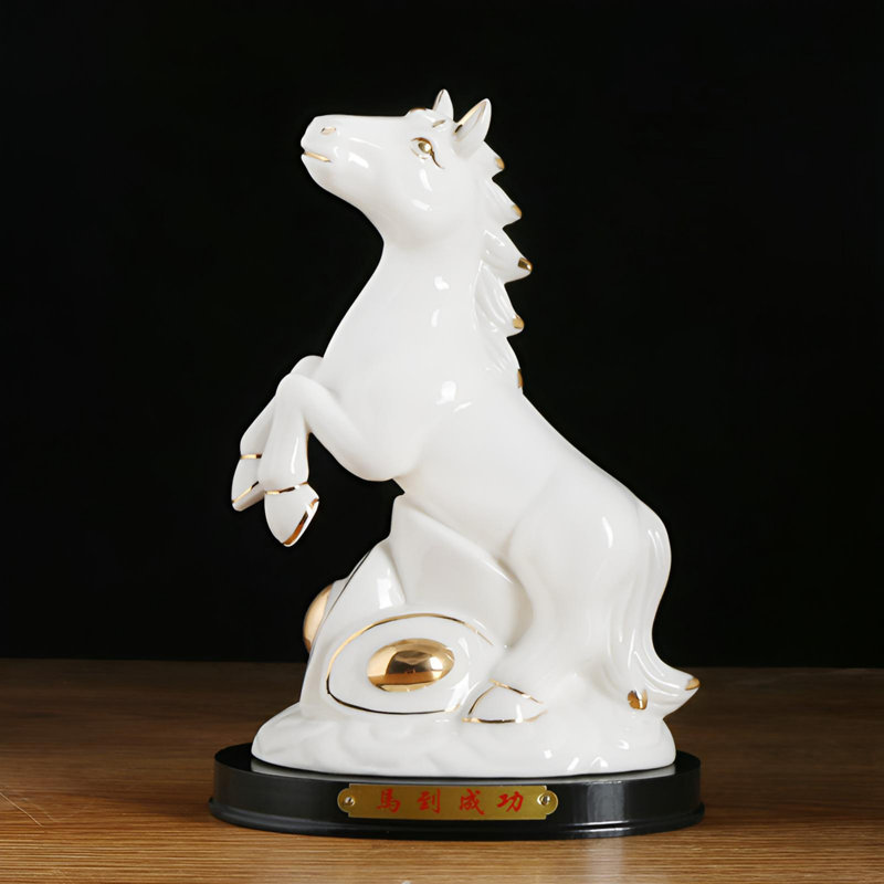 Sculpture artistique cheval en céramique - apporte la chance, Blanc