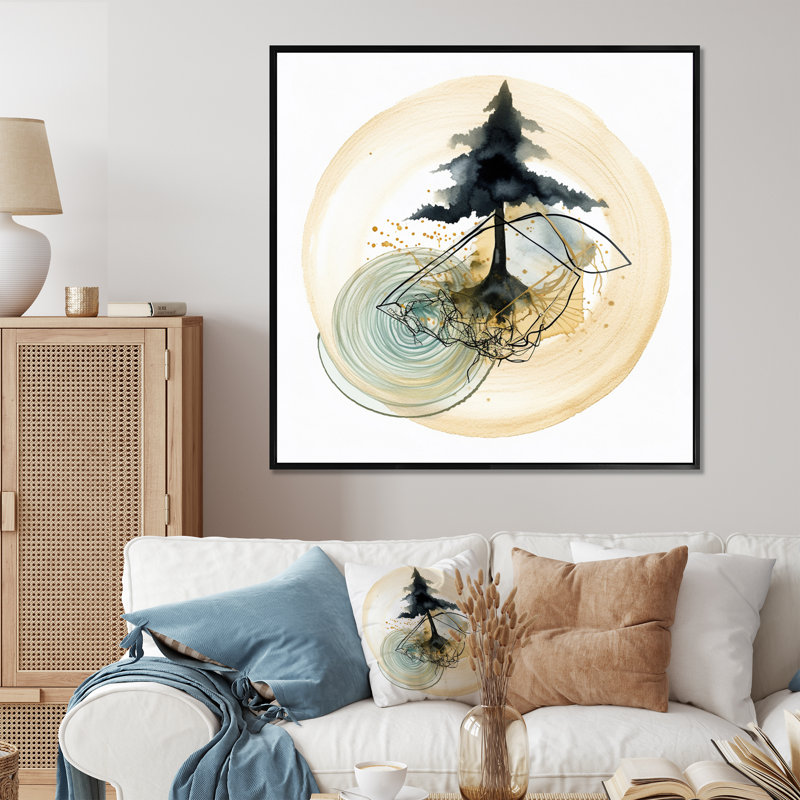 Paysage abstrait de montagnes, lune et arbre I - Art abstrait géométrique encadré, 16" H x 16" W, Gold Picture Framed