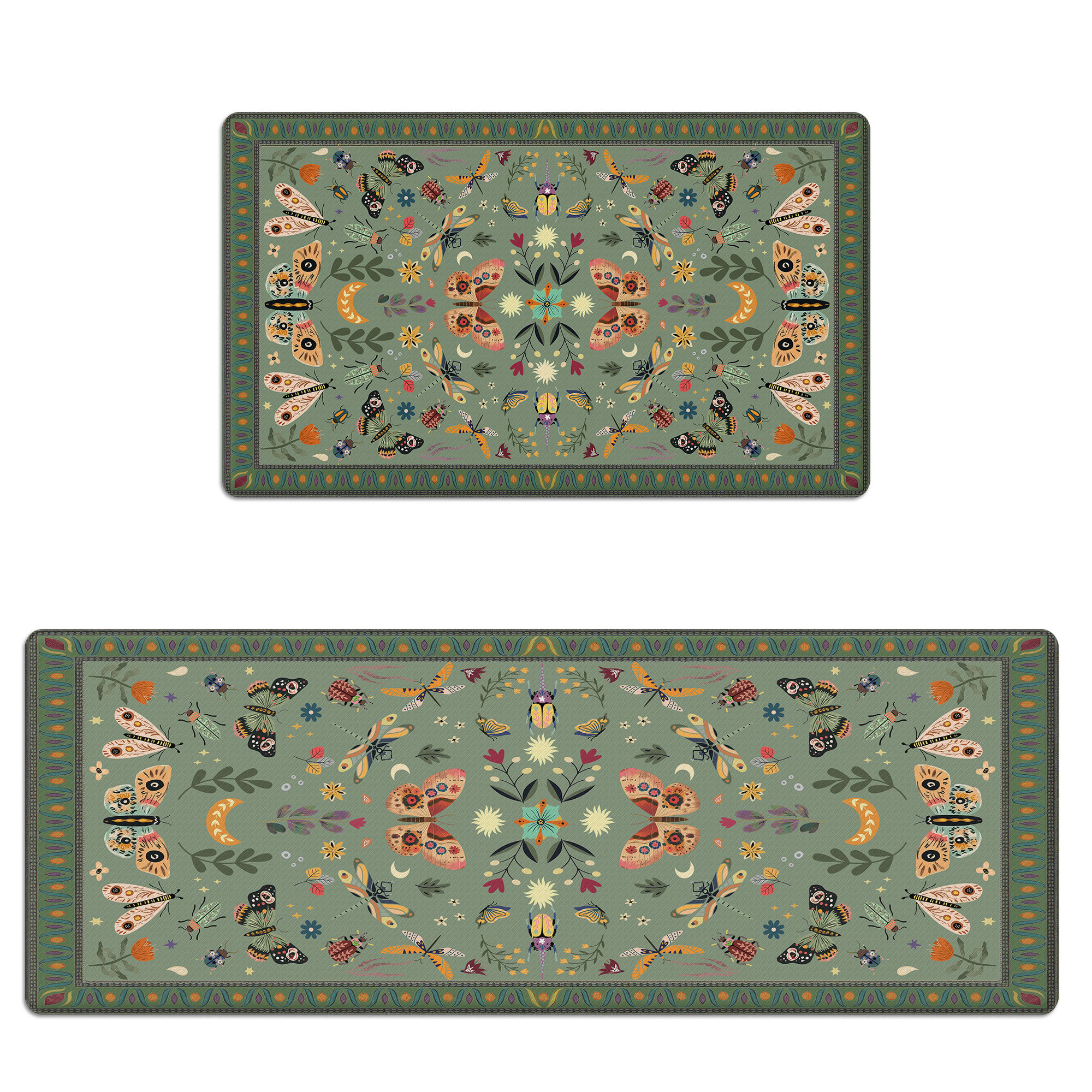 Anti-Fatigue Kitchen Mats Set Of 2, Cushioned Waterproof Non-Slip, Butterfly Insect Green Kitchen Rugs | Wayfair