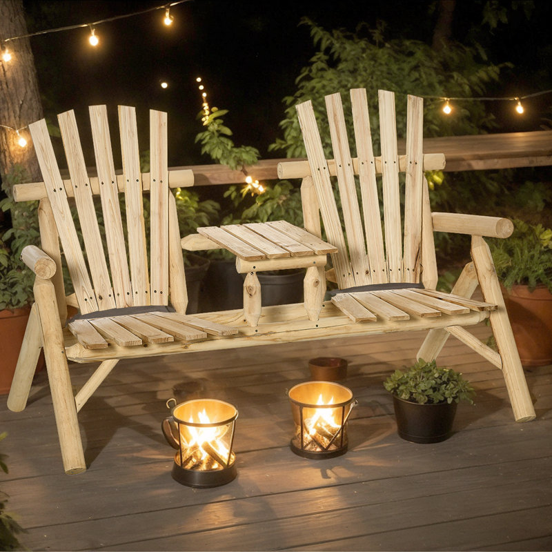 2-Seat Wooden Adirondack Loveseat With Table - Stylish Patio Bench For Deck And Outdoor Gatherings, Beige