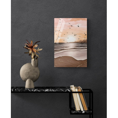 Décoration murale moderne en verre trempé, paysage de plage et de mer au coucher du soleil, impression sur verre