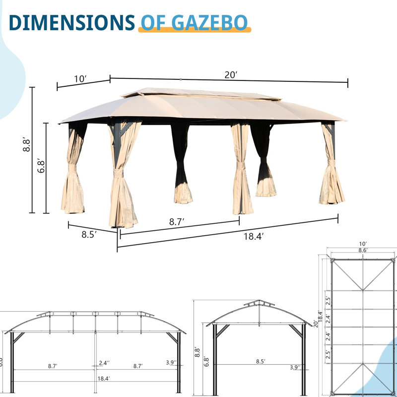 Pavillon de jardin d'extérieur 10 pi x 20 pi, structure solide, rideaux d'intimité, fabrication brune