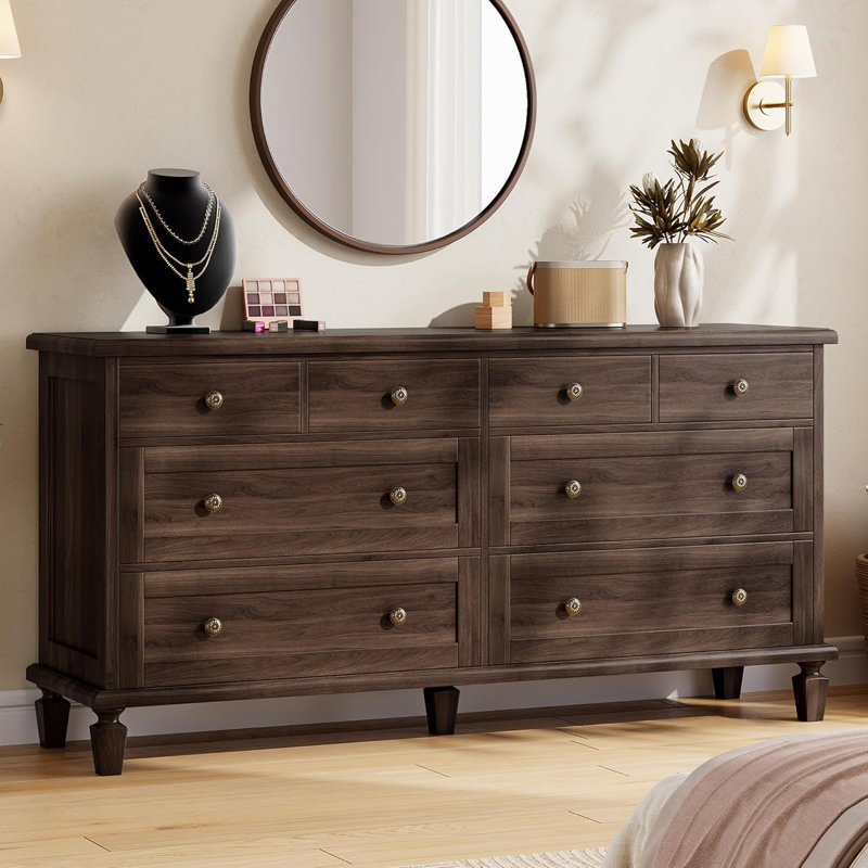 Vintage 8 Drawer Dresser with Tapered Legs, Yellow Wood Finish, Yellow