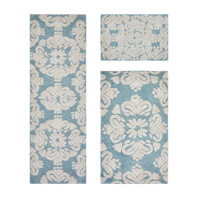 Chemash Premium 100% Cotton 1885 GSM 3-Piece Bath Rug Set, OEKO-TEX® Certified, Non-Slip Spray Latex Backing, Plush Tufted Bath Mats for Shower, Bathtub, Vanity, Sink & Toilet Areas, Super Absorbent, Machine Washable, Blue