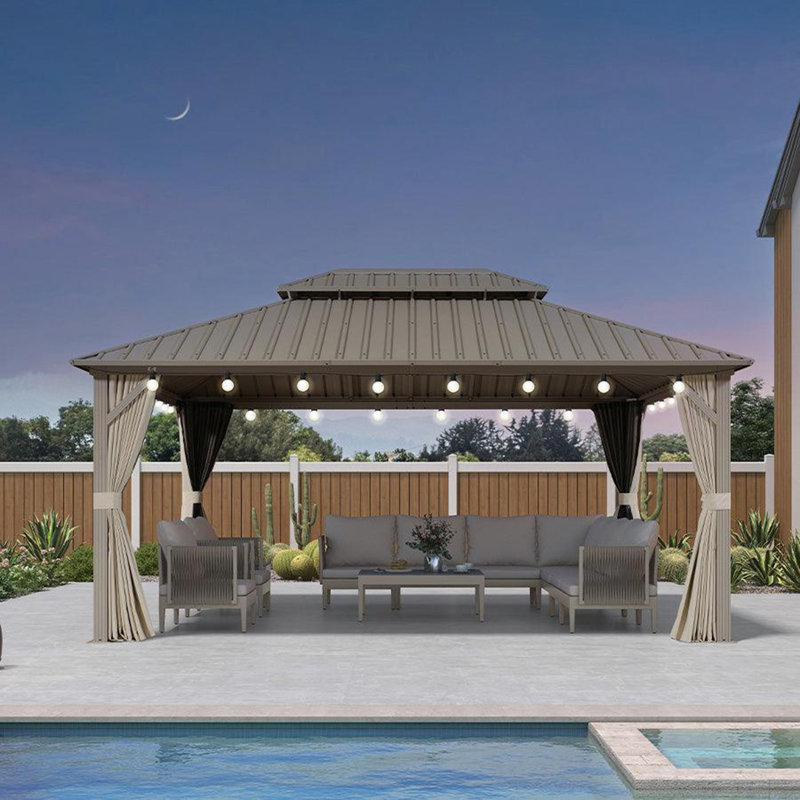 Mauve 12 pi x 16 pi Pavillon de jardin à toit rigide champagne avec toit en métal et rideaux avec lumière