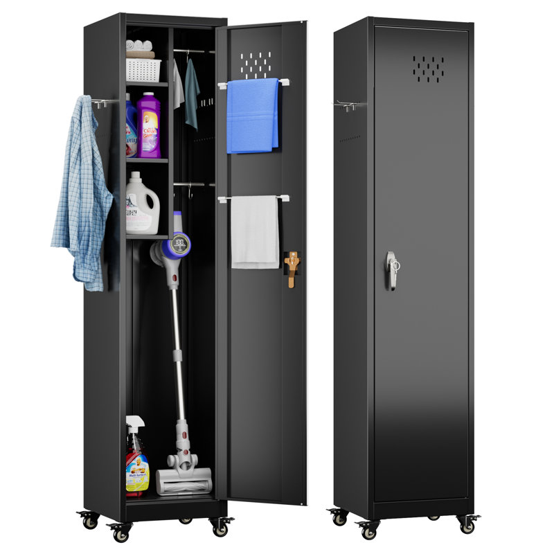 Upgraded Garage Storage Cabinets with Wheels,Metal Rolling Freestanding Cabinets with 4 Hanging Rods, Hooks and Pegboard for Garage Home Office Storage,72''H*16''W*16''D,Assembly Required
