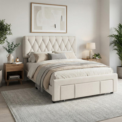 Lit plateforme simple 77,6 po x 39,4 po x 43,7 po avec tiroirs et tête de lit capitonnés à losanges, cadre de lit rembourré pour chambres d'enfants et adolescents, ivoire
