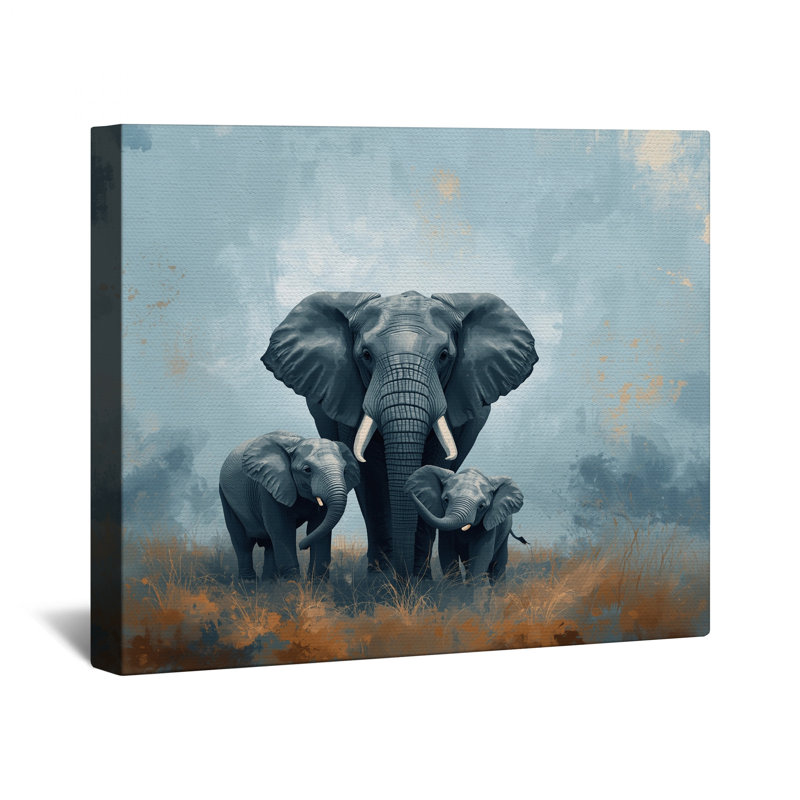 «Elephant Family In Grassland», toile tendue en plusieurs tailles, 16 po x 20 po