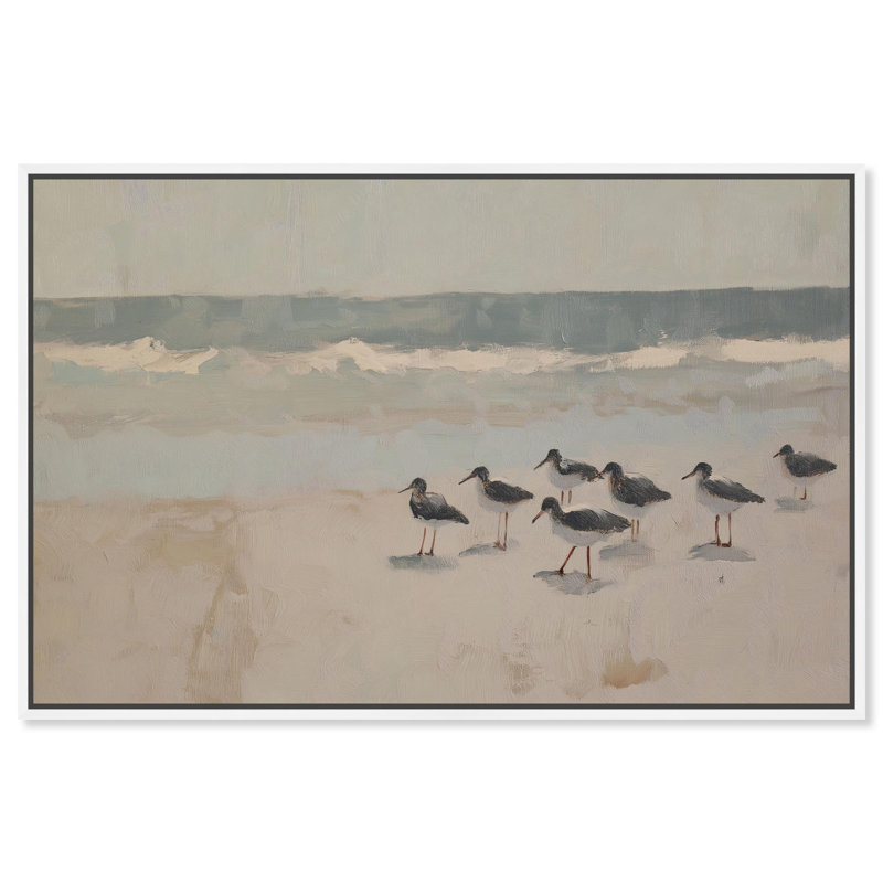 «Seagulls at the Beach II», art côtier par Art Remedy, Cadre flottant blanc, H 17 po x l 25 po