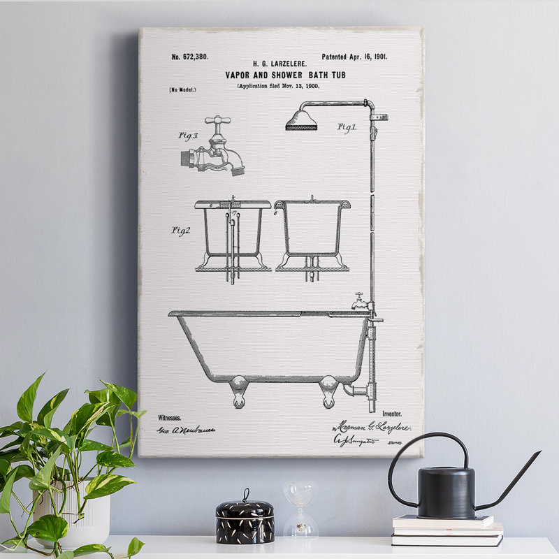 «Vintage Bath II», reproduction de dessin sur toile tendue, H 18 po x l 12 po x P 1 po