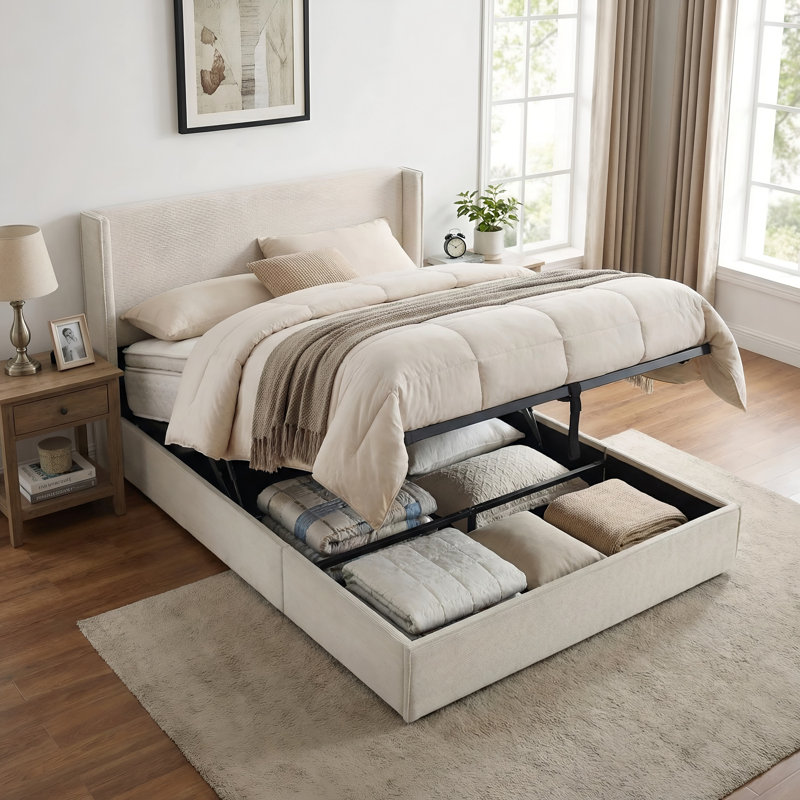 Queen Corduroy Hydraulic Lift Up Storage Bed Frame with Upholstered Wingback, No Box Spring Needed, Cream, Cream, Queen