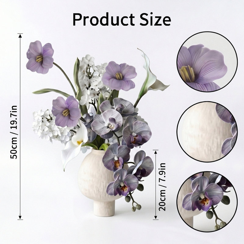 Arrangement floral de lys Calla 19,7 pouces artificiel mauve, bouquet de fausses fleurs mélangées dans un vase en céramique texturé blanc pour décoration de table moderne