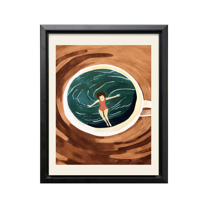 Dame nageant dans une tasse de café, Black Framed, Canvas, 18"H x 24"W