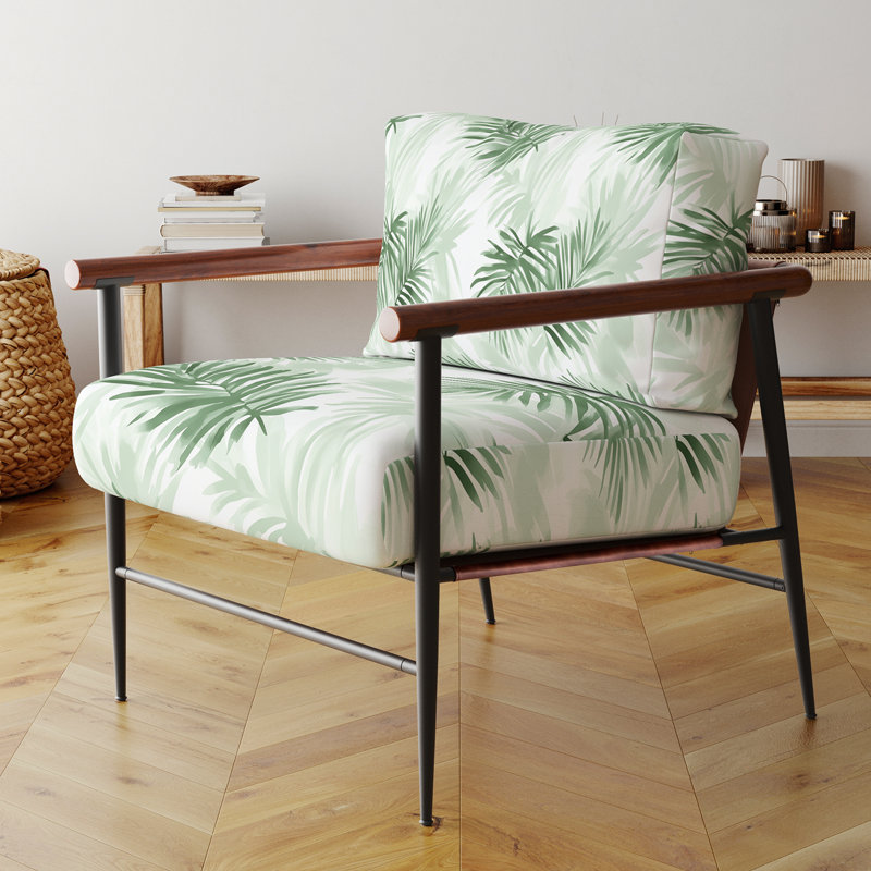 Chaise d'appoint Floral - fauteuil à accoudoirs vert Soft Palms, Bras ronds bruns