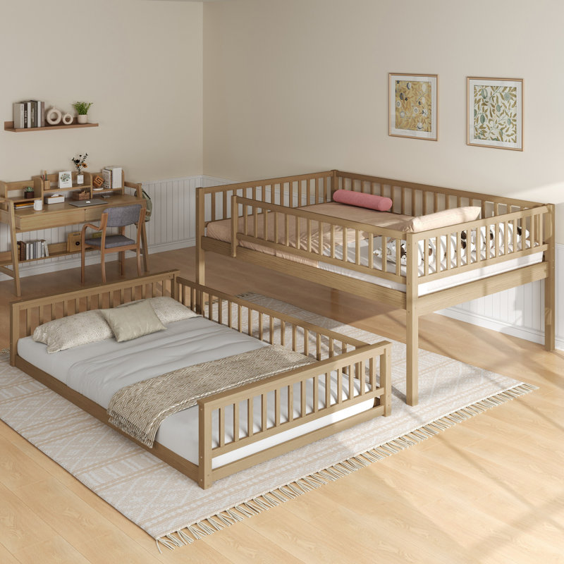 Queen over Queen Bunk Bed with Ladder and Guardrails, Walnut, Walnut