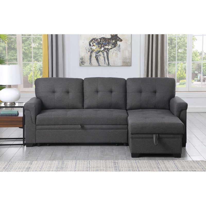 Canapé modulaire réversible 84 po en lin gris foncé avec méridienne de rangement, Lin gris foncé
