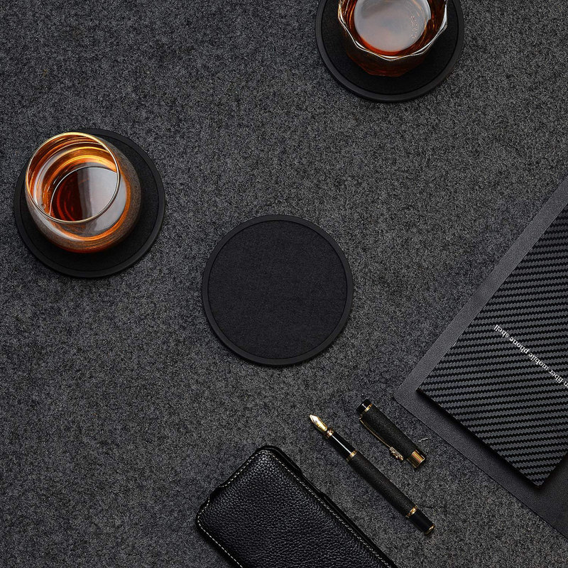 Sous-verres absorbants pour boissons avec support - 6Pack, Sous-verre en silicone avec insert en feutre doux, noir (Sous-verres avec support, noir)