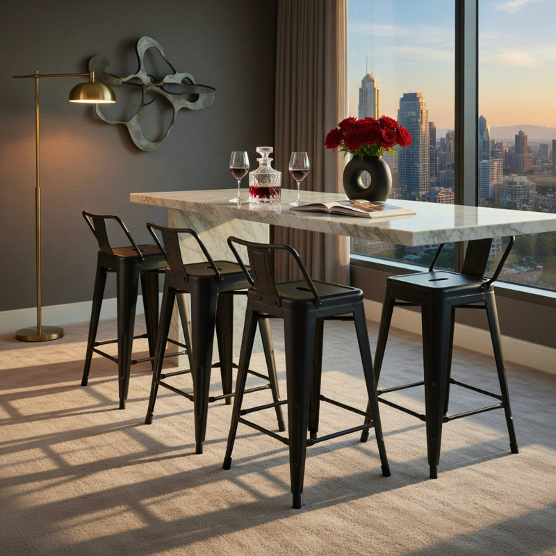  Ensemble de 4 tabourets de bar 24 pouces en métal, 4 chaises de café empilables avec dossiers amovibles, pieds en caoutchouc, design ergonomique pour îlot de cuisine, bar et patio, pistolet