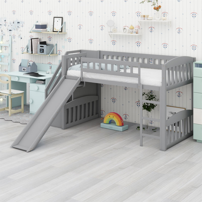 Loft Bed With Stairway And Slide, Gray