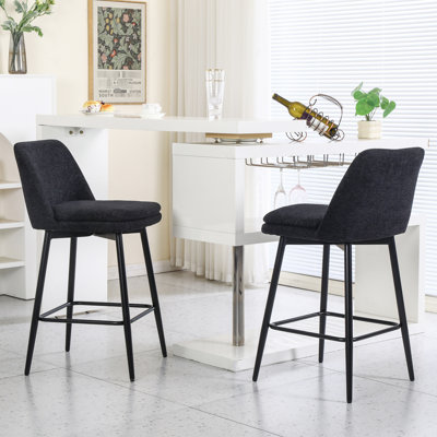 Counter Stools Of 2 - Black Linen Upholstered Seat Metal Legs 25.6" Height For Kitchen Swivel Bar   2 , With Back And Legs, Seat, Fine Option Island & Pub,