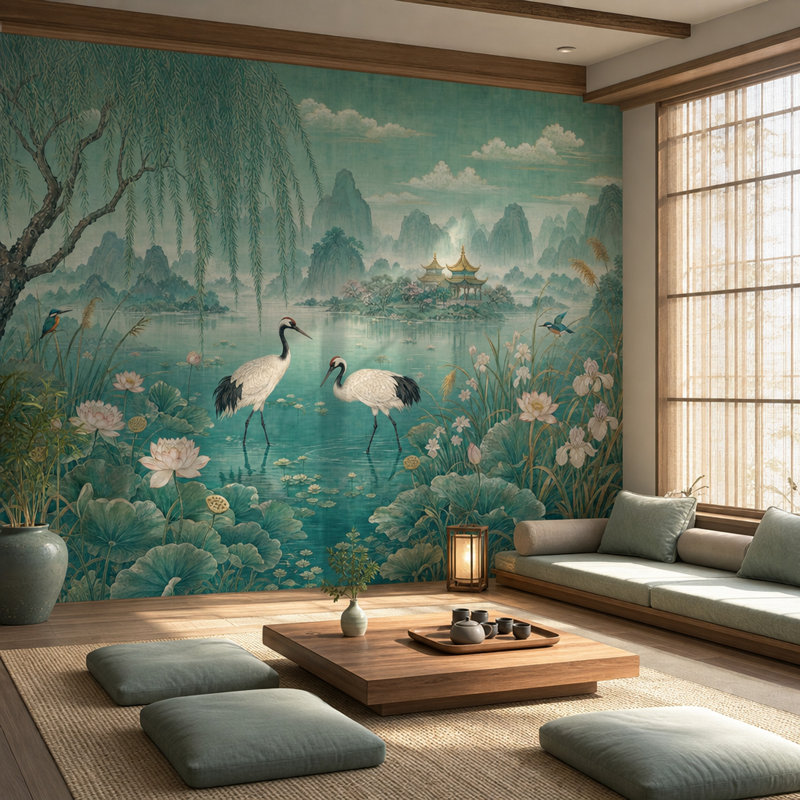 Papier peint paysage asiatique, grues bleu sarcelle, 200 po x 120 po, Non-Woven Nonpasted