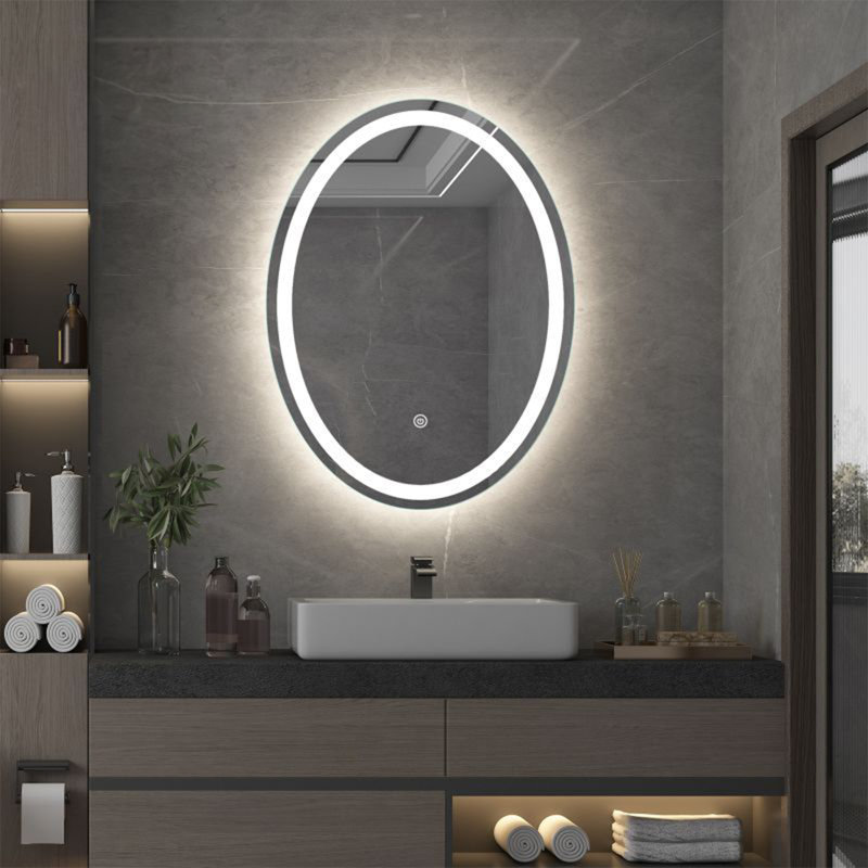 Miroir de salle de bain moderne ovale à DEL avec éclairage 3 couleurs à intensité variable Mg