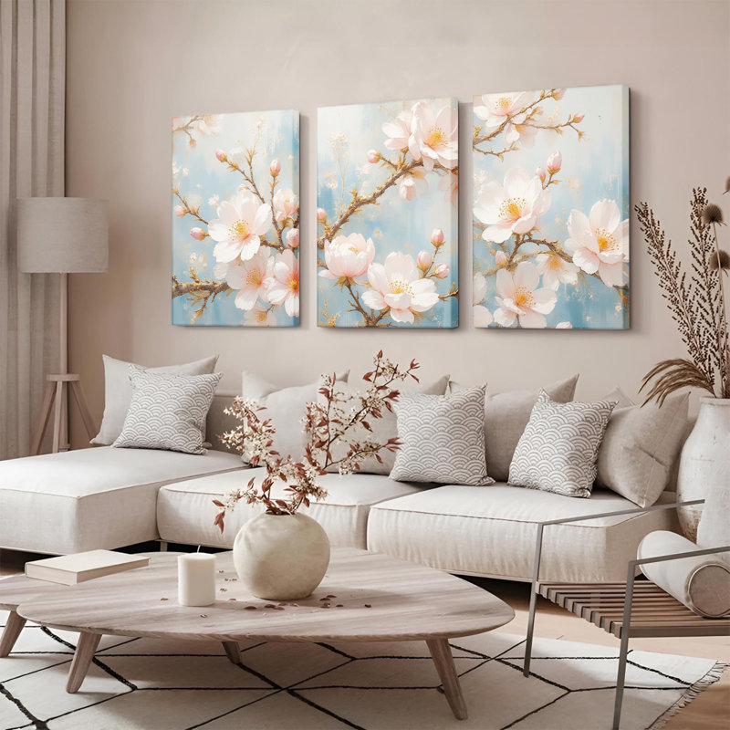 «Cherry Blossom», reproduction d'art sur toile, ensemble de 3 peintures à l'huile, H 30 po x l 60 po