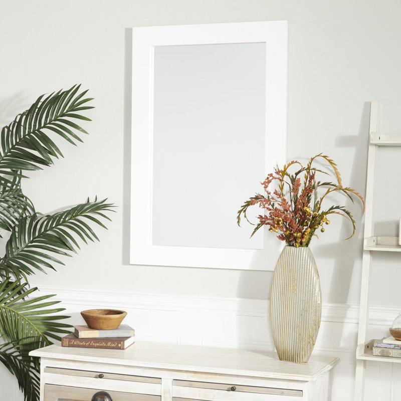 Wooden Minimalistic Rectangle Wall Mirror, White, 36" x 24"